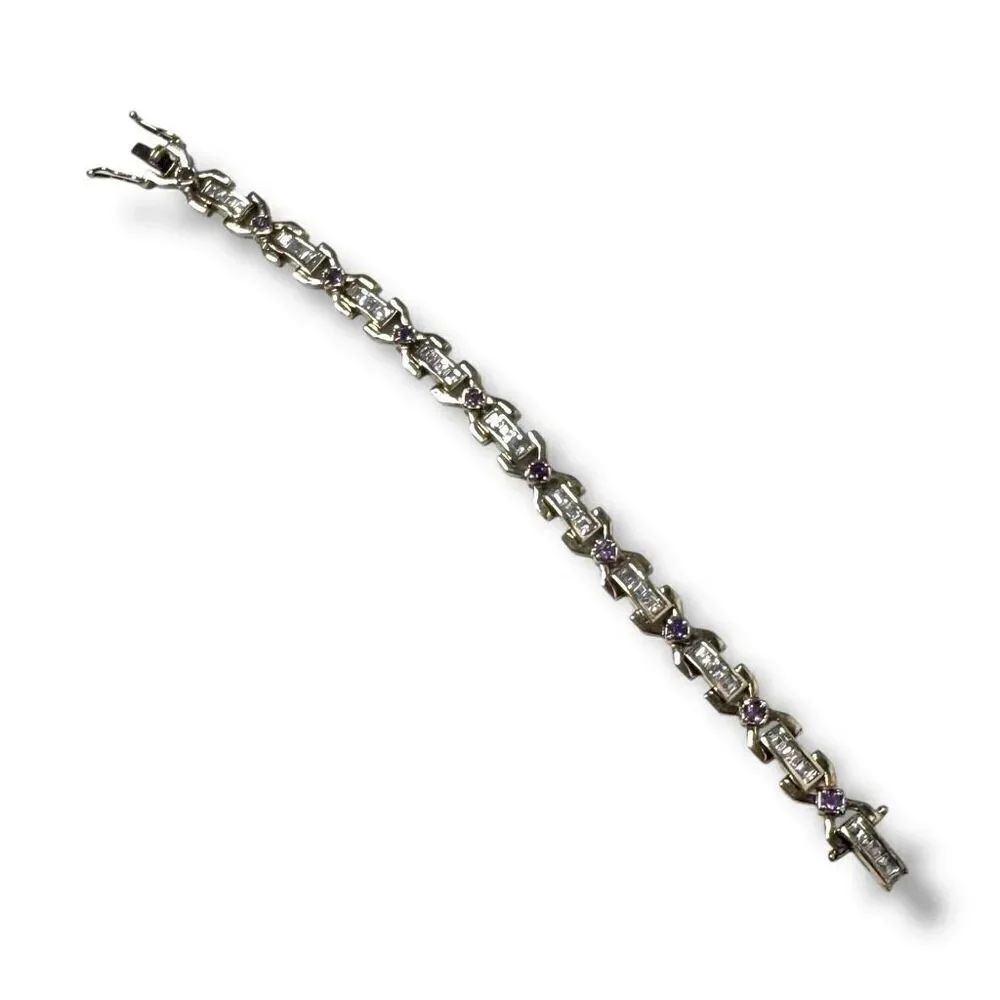 Vintage Sterling Tennis Bracelet Crystal & Amethyst Purple Stones Gold Bond 7.5”